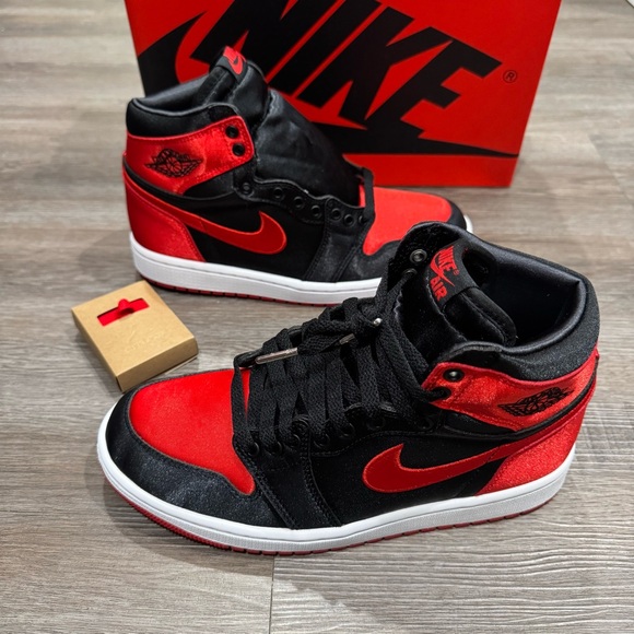 Nike Shoes - Nike Jordan Retro 1 High OG Black University Red Satin High Top Sneakers